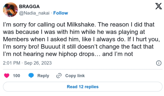 Nadia Nakai Apologizes To DJ Milkshake 